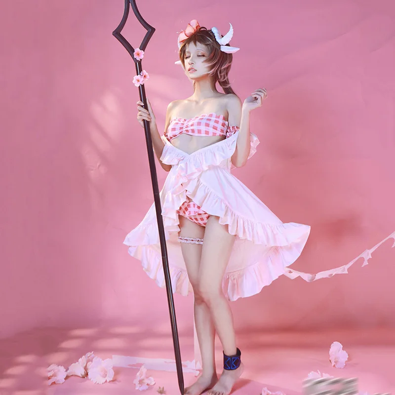 

Arknights Cos Eyjafjalla Lamb Peach pink Cute Bikini swimsuit Female Transparent pink smock Cosplay Swimwear
