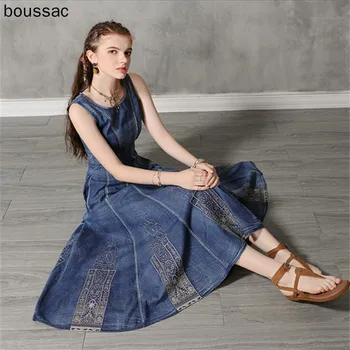 

Vintage Summer Cotton Denim Dress 2019 Women's Dresses Sundress Embroidery O-Neck Vestido Women Tank Dress Sleeveless Dresses