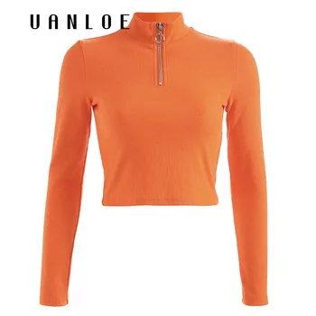 

Women Casual Turtleneck Hoodies Orange Front Zipper Cropped Pullover Sweatshirt Spring Autumn Knitted Hoodie Crop Top