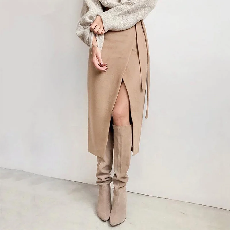 Khaki Suede Long Skirt Women Autumn Winter Casual Wrap Skirt Lace Up Women High Waist Midi Skirt Office Ladies Elegant