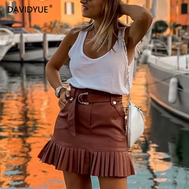 

Sash belt PU leather skirt Ruffle high waist skirts women female mini skirts A line Party club wear ladies sexy short skirts