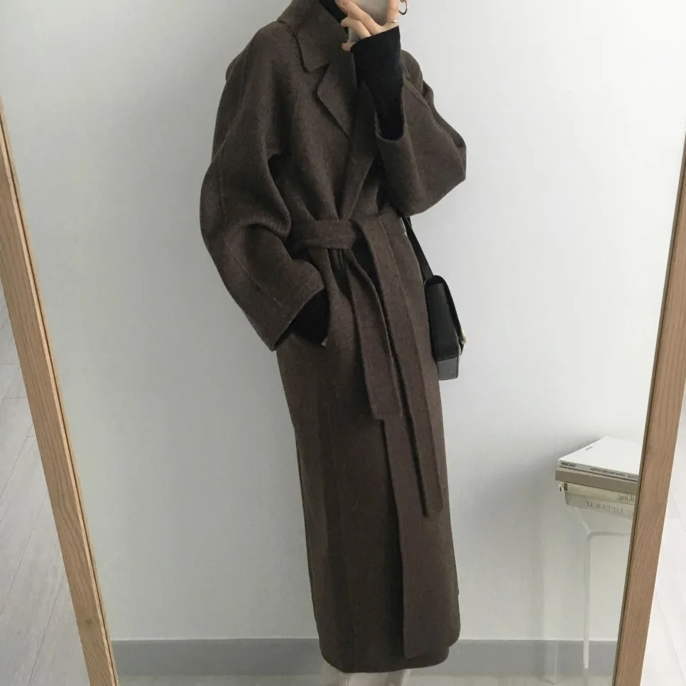 Women's Jacket 2021 Autumn and Winter Long Wool Coat with Belt Solid Color Long-Sleeved Chic Slim Down Shoulder Coat long puffer jacket