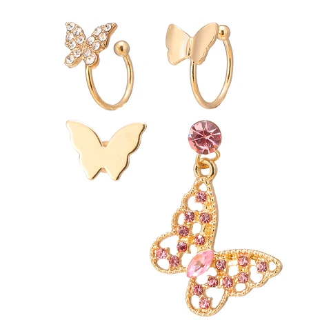 Fashion Women's Crystal Butterfly Ear Clip Earrings Set 4Pcs/Set Retro Pink Crystal Butterfly Drop Earrings Bijoux Jewelry