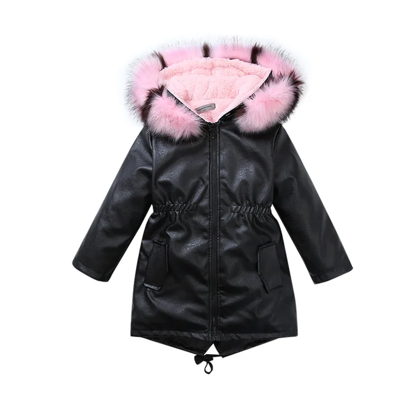 

Winter Jackets for Girls PU Large Soft Fur Collar Fashion Printed Sleeve Girl's Warm Hooded Parka Children Plus Velvet Coats