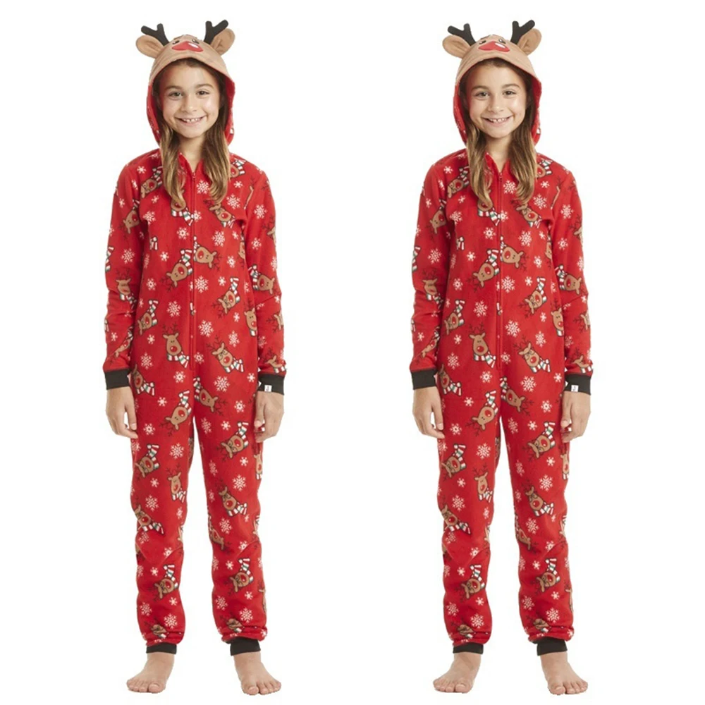 Family Matching Christmas Pajamas Set Elk Romper Jumpsuit Women Men Baby Kids Red Print Xmas Sleepwear Nightwear Hooded Zipper Outfits (8)