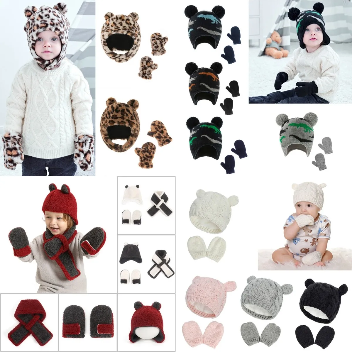 

Baby Hat and Mittens Set Kids Knitted Cotton Beanie Cap Winter Warm Boys Girls Double Pompom Hats Gloves