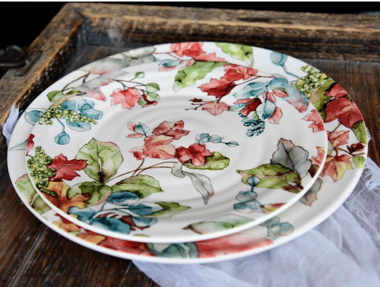 1Pcs Creative painted flowers round ceramic dish tableware Western steak salad dessert cake sushi storage decorative plate