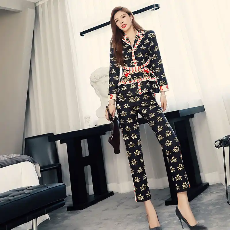 Delocah秋の女性ファッションデザイナー 2 枚セット長袖ルーズコート ハイウエストプリントロングパンツ二枚スーツ パンツスーツ Aliexpress