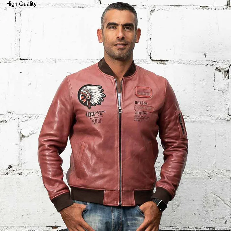 

FLY Air Force Flight Jacket slim Sheepskin Genuine Leather Jacket Men Casual Baseball Leather Coat Solid Bomber Jacket