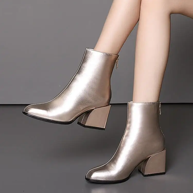 

Square-headed short boots women's Martins boots thick heel high heel leather single boots first layer leather