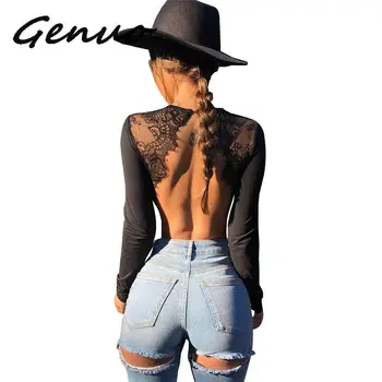 

Genuo Sexy Backless Lace Patchwork Bodysuit Black O Neck Long Sleeve Slim Women Bodysuits Skinny Party Bodysuit 2019 New