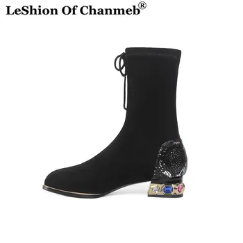 

Soft Elastic sheep suede ankle boots Rhinestone with block hell motorcycle boots black short autumn winter women western boots