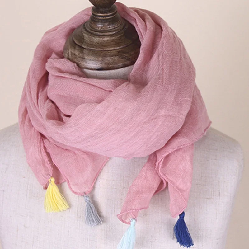 Spring Solid Color Sweet Children Scarf Korean Version Wild Tassels Soft Breathable Cotton Linen Warm Shawl Boys Girls E12