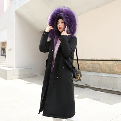 black purple Зимнее женское утепленное пальто, новая модная куртка средней длины с капюшоном и меховым воротником, повседневные свободные женские парки NZYD292A - Цвет: black purple