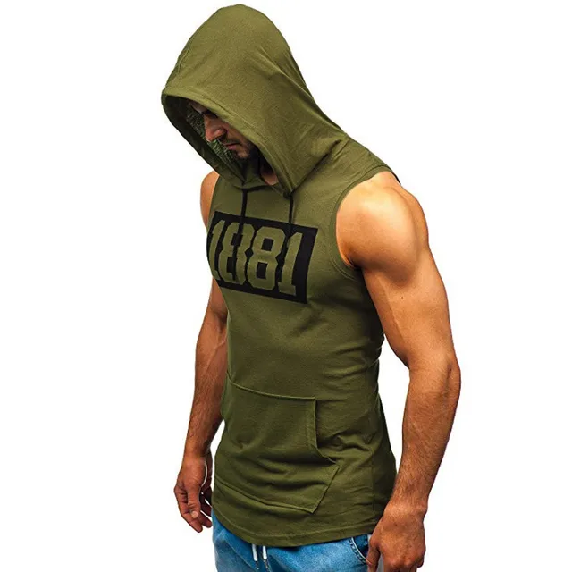 Sports Tank Tops Men Fitness Muscle Print Sleeveless Hooded Bodybuilding Pocket Tight drying Tops Summer Shirt