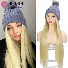 

AILIADE Long Straight Synthetic Wig With Hat Autumn Winter Knitted Hat Wig Natural Blonde Black Wigs for Woman Girl
