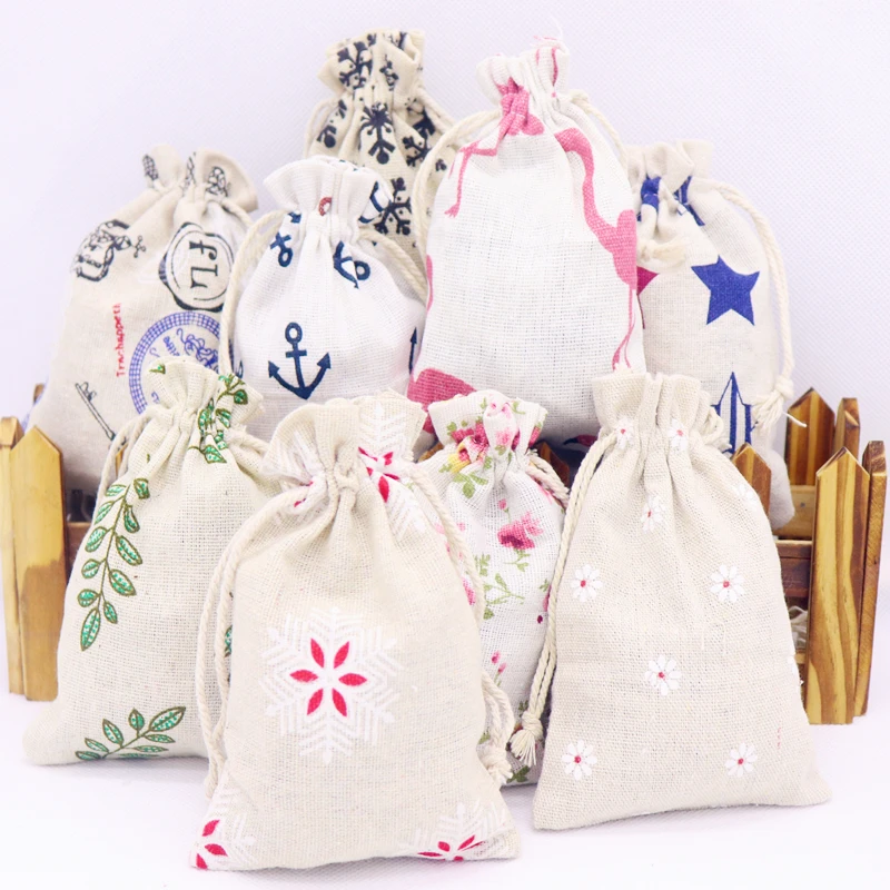 

2019 new 10 pcs cotton linen fabric dust bag socks/choolate /candy /ribbon receive bag home Sundry kids toy storage gift bag