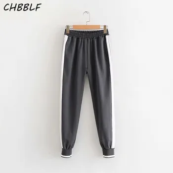 

CHBBLF women casual loose pants pockets elastic waist side stripes preppy style pantalones HJY8733