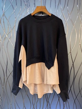 

2020 new women's round neck hem color matching decorative long sleeve loose Joker top 926