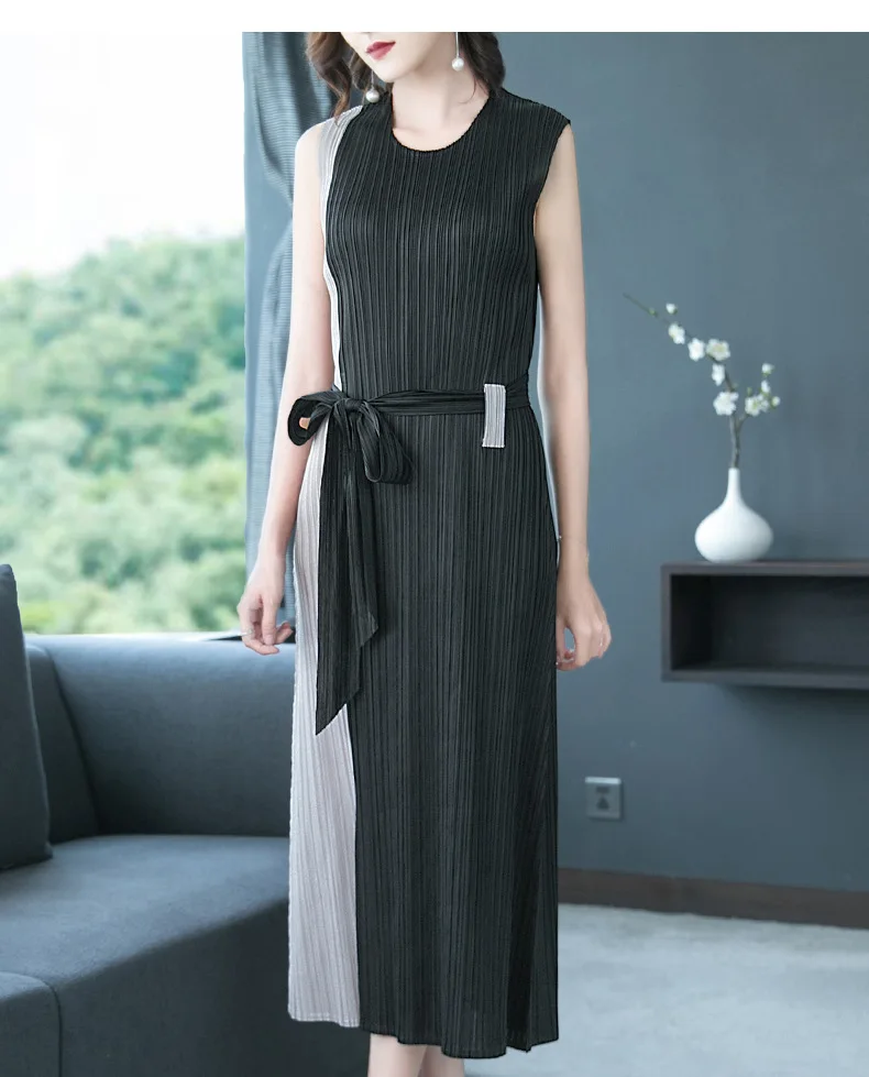

HOT SELLING Cultivate one's morality show thin summer new fold belt split sleeveless PATCHWORK dresses IN STOCK