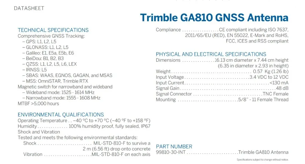 Gps антенна Trimble GA810 99810-30-INT GNSS rover измерение gps L1 L2 ГЛОНАСС BDs Galileo для RTK приемник BD970 BD992 ZED-F9P