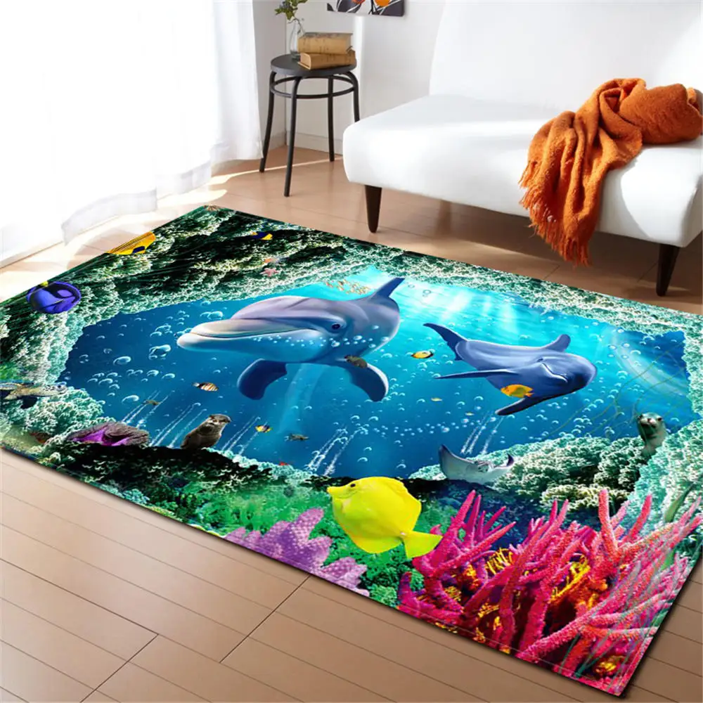 

3D Ocean World Shark Area Rug Children Theme Room Decoration Rugs Memory Foam Non-Slip Mats Soft Flannel Carpet Living Room