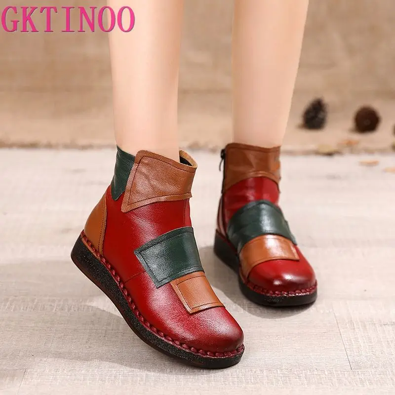 GKTINOO 2020 Autumn Winter Handmade Genuine Leather Ankle Boots Women Slip-On Mixed Color Soft Comfort Warm Ladies | Обувь