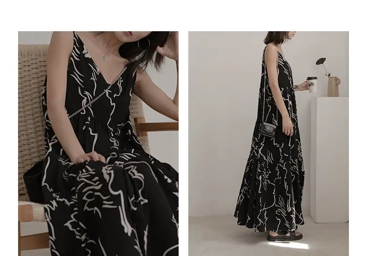 [EAM] женское длинное платье на тонких бретельках черного цвета с принтом, новое модное свободное платье без рукавов, весна-осень JZ457