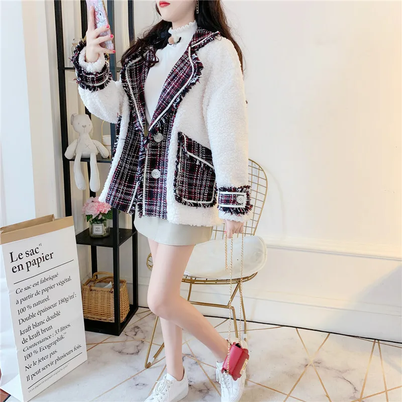 SWEETXUE New Autumn Winter Plaid Stitching Lamb Hair Loose Casual Jacket Fashion Vintage Women Clothing Lambswool Outwear