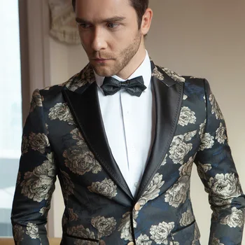 

Luxury Two Piece Men Suits Floral Mens Dress Suits Evening Prom 2020 Groomsmen Wedding Suits with PU Peak Collar
