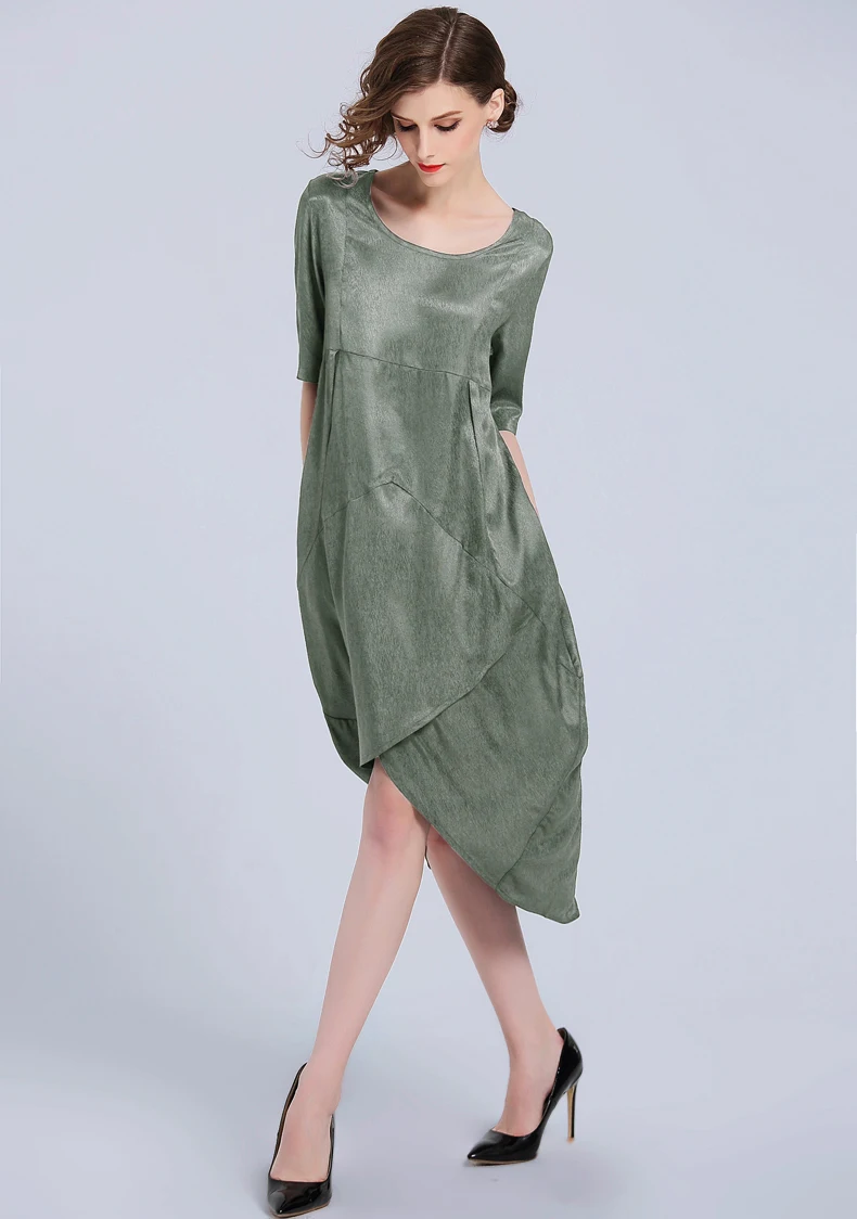 Винтажное шикарное женское шелковое платье, оливковое зеленое, короткий рукав, искусственный шелк, необычное мини-платье с круглым вырезом, летние официальные платья Vestidos