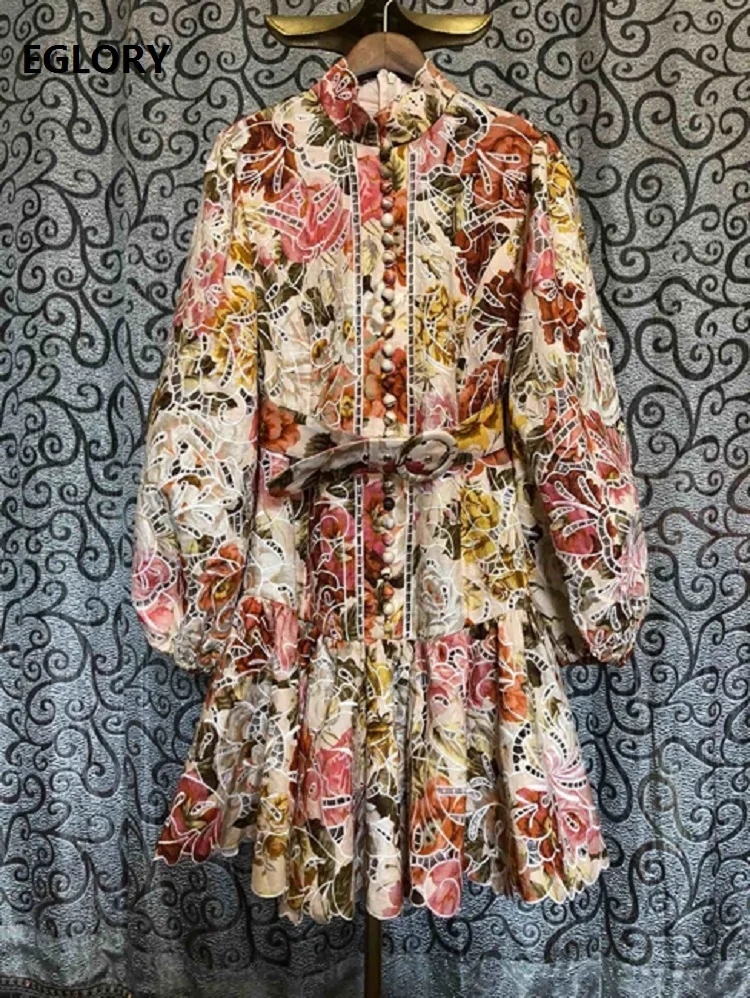 

Newest Fashion Designer Dress 2020 Spring Style Women Allover Luxurious Embroidery Tunic Buttons Up Long Sleeve Vintage Dress