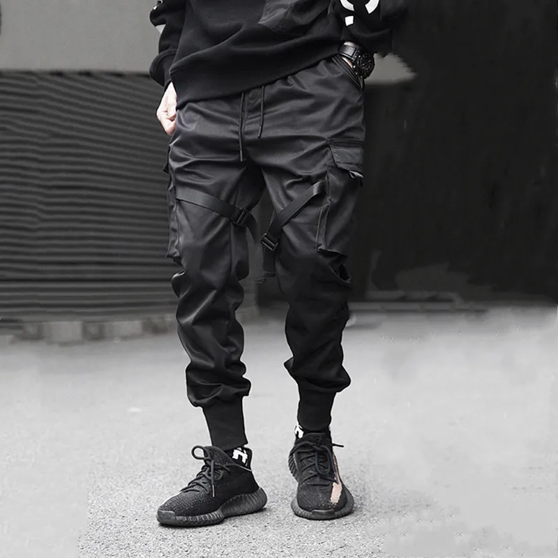 2020 Joggers Cargo Pants for Men Casual Hip Hop Hit Color Pocket Male Trousers Sweatpants Streetwear Ribbons Techwear Pants