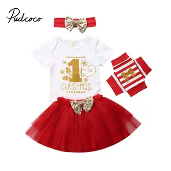 

4pcs Christmas Newborn Baby Girls Clothes My 1st Christmas Print Bodysuits+Skirts+Socks Pajamas Outfits Children Xmas Costumes
