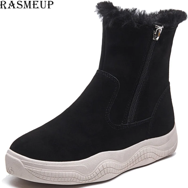 

RASMEUP Genuine Leather Women Snow Boots 2019 Fashion Platform Keep Warm Ankle Winter Boots With Thick Fur Heels Botas Mujer