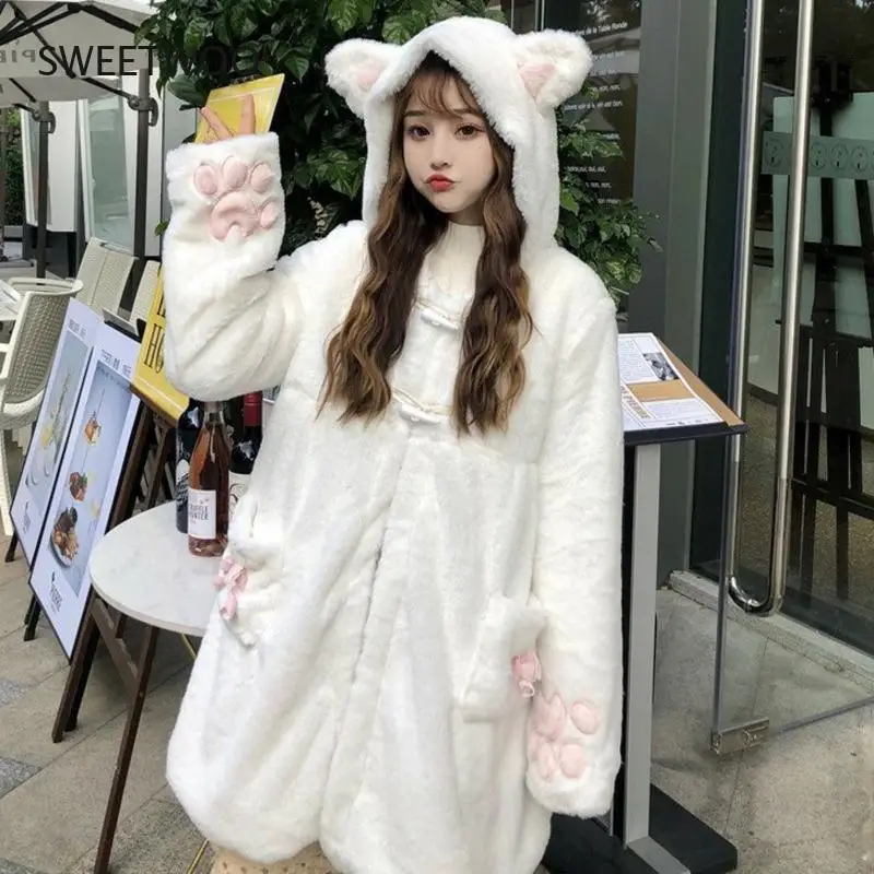 Winter Jacket Women Lolita Fleece-Lined Thickened Girl Soft Fabric Kawaii Cat Ear Hat Claw Cute Plush White Coat Youthful Parka