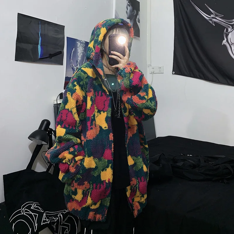 

Hooded Cardigan Korea Ins Harajuku Cashmere Camouflage Print Neutral Cool Loose Coat Couples Trendy Casual Warm Winter Fashion
