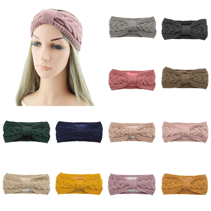 Elegant Warm Knitted Headband For Women Furry Fleece Lined Wide Headwrap Elastic Warmer Ear Crochet Bow Turban Hair Accessories large claw hair clips