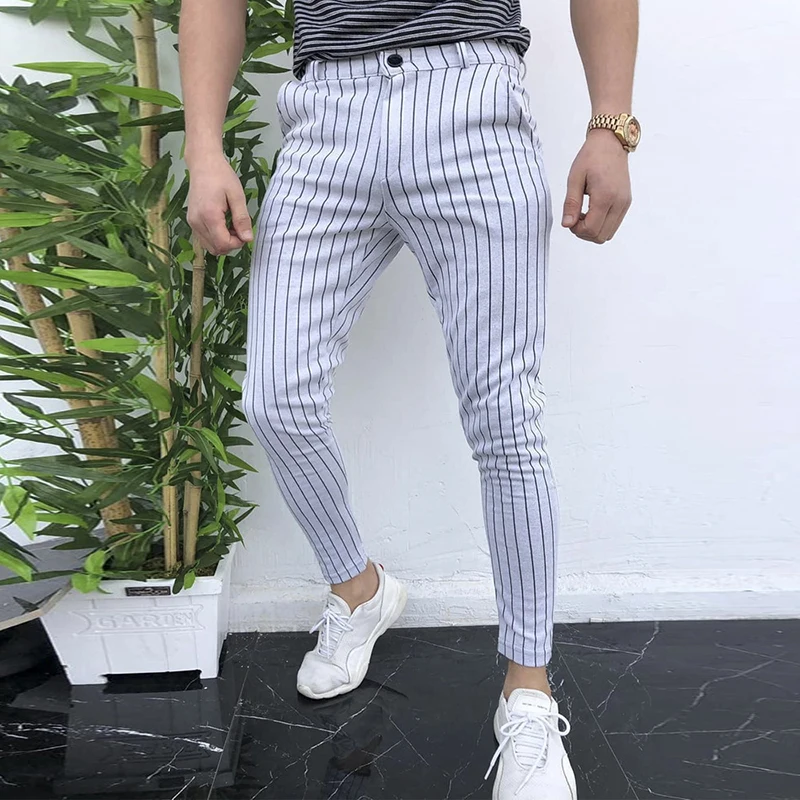 Striped Men's Casual Pants Joggers Trousers Long Sweatpants Male Elastic Bodybuilding Streetwear Business Formal Pants