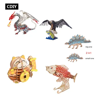

DIY Dragon Eagle Fish Dinosaur Animal Toys 3D Wooden Puzzle Toy Assembly Model Woodcraft Kits Children Kids Desk Decoration