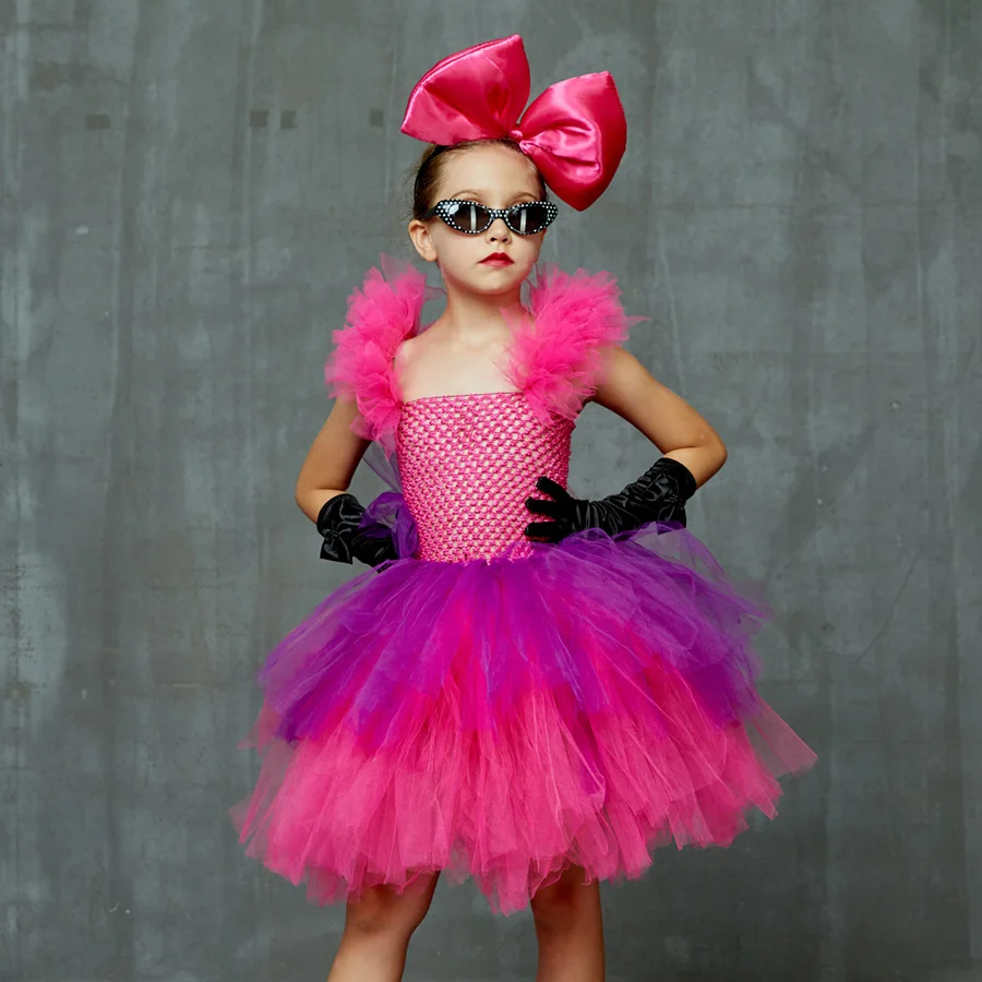 Kids Punk Rock Tutu Dress with Big Bows and Glasses Baby Girls Rockers Queen Halloween Costume Handmade Kids Tiered Party Dress (10)