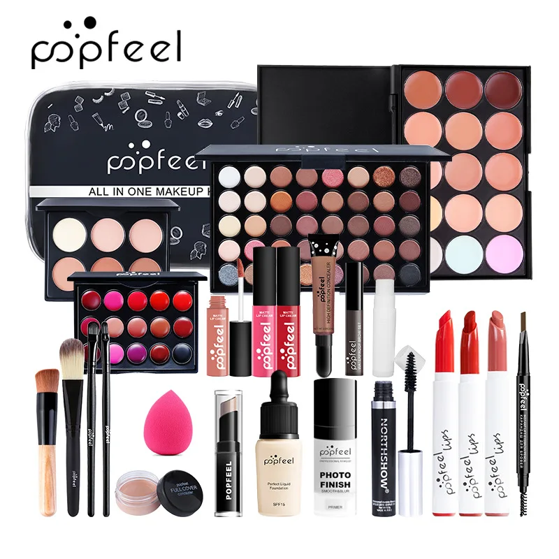 

24 PCS All in One Makeup Kit Eyeshadow Lipstick Eyebrow Lip Gloss Makeup Brushes Powder Puff with Makeup Bag Women Cosmetics Set