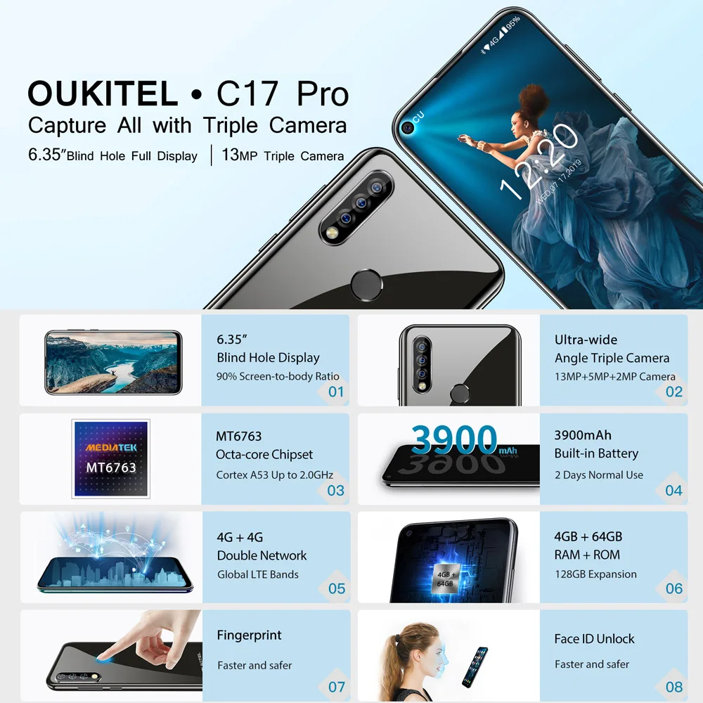Мобильный телефон Oukitel C17 Pro, 6,35 дюймов, 19:9, Android 9,0, MT6763, четыре ядра, 4 ГБ, 64 ГБ, 3900 мАч, 13 МП, разблокированный смартфон с функцией распознавания лица, 4G