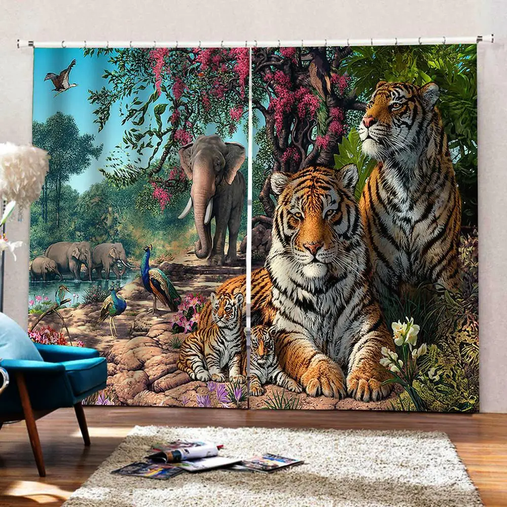 Cortinas de tigre 3D de animais brancos e tigre para quarto sala de estar  para crianças meninos e meninas, tema animal selvagem, cortinas de janela  com design de vida selvagem, tratamentos de