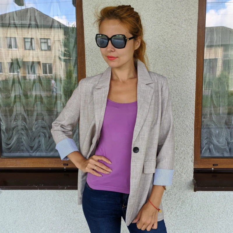 Women Blazer Oversize Khaki Black Casual Tops Autumn Spring Back Split Folded Cuff Single Button Long Sleeve Outwear