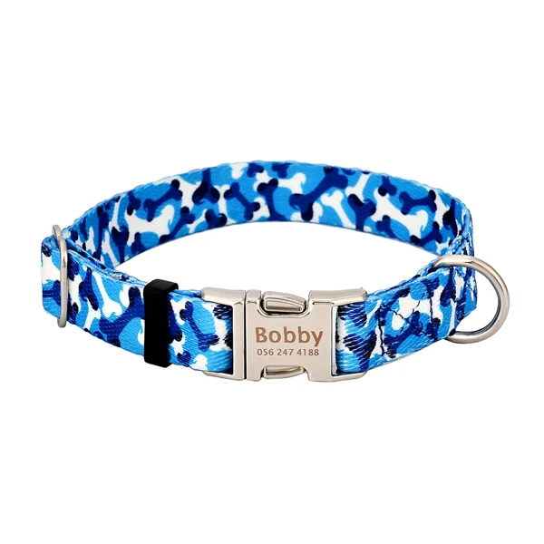 blue Индивидуальный нейлоновый ошейник для собак, персонализированные ошейники для собак с гравировкой, идентификационная табличка, регулируемая для маленьких, средних и больших собак, щенков - Цвет: blue