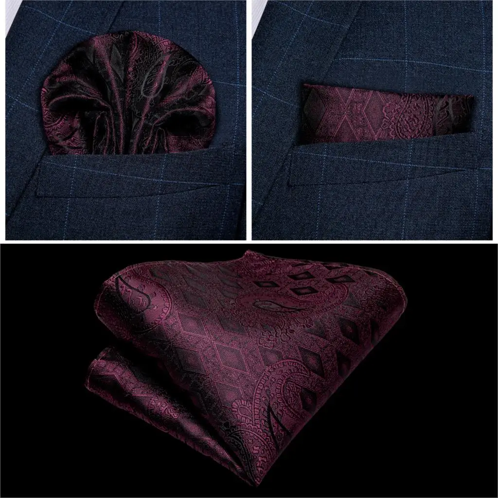 Men's Red Wine Paisley Fashion Wedding Men Silk Waistcoat Vest Bowties Hanky Cufflink Cravat Set for Suit Tuxedo DiBanGu MJ-115
