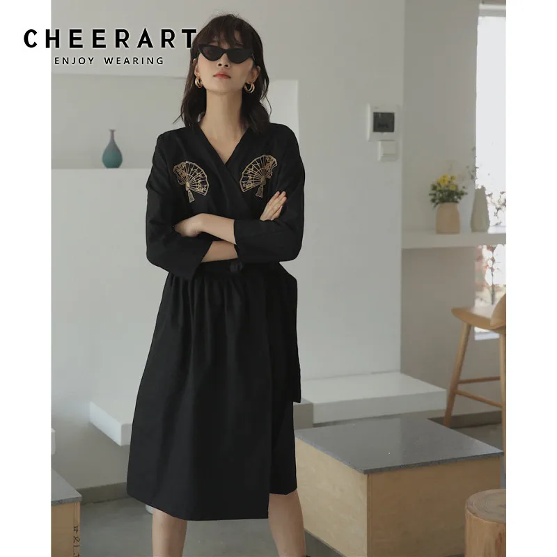 Cheerart Haori вышитое черное винтажное платье японское с v-образным вырезом кружевное длинное платье-туника женское платье миди с длинным рукавом Осень