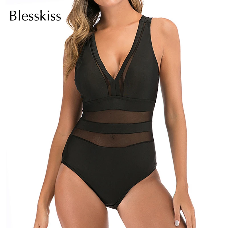 

BLESSKISS Black Mesh Swimsuit Women One Piece Swimwear 2020 Sexy Halter Swim Onepiece Bathing Suit Swimming Suit For Ladies