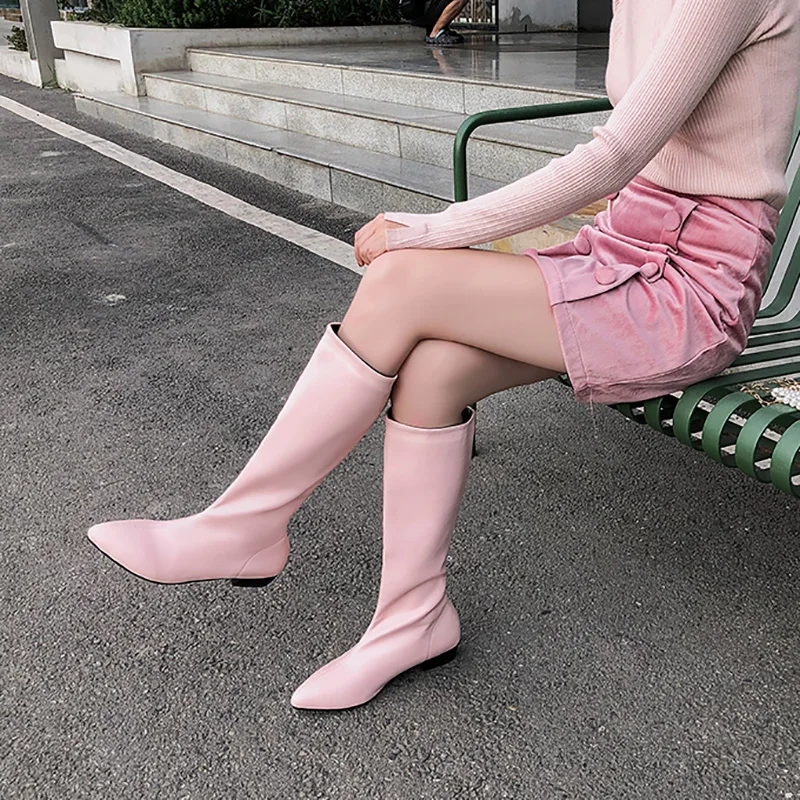 Г. Новые модные женские сапоги до колена телесного цвета розового и бежевого цвета женская обувь для верховой езды на среднем квадратном каблуке Большие размеры 11, 43, 46, 48, LA252 - Цвет: Pink